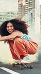 Woman, skateboard and flare with smoke on road in city with speed, extreme sports and friends in summer. Gen z girl, skater and excited with streetwear, fast and balance for adventure in urban town