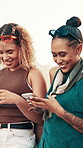 Girl, friends and laughing with smartphone outdoor for social media meme, text message joke and reading funny post. Gen z people, phone and happy for comedy video, streaming app and internet browsing