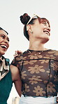 Group, people and laugh for fashion in city with streetwear, edgy clothes and trendy style of reunion. Happy, friends and confident with swag, urban outfit and creative cosmetics and bonding together