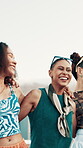 Walking, smile and fashion with friends in city for youth, gen z students and streetwear style. Happiness, social and culture with group of people outdoor for community, college campus and future