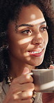 Happy woman, thinking and aroma with coffee for morning beverage, dream or sensation at home. Female person, caffeine or cup in wonder or thought with fragrance for drink, latte or espresso at house