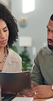Couple, finance or laptop with documents for budget planning, discussion or checking bills at home. Man, woman or paperwork with computer for mortgage payment, financial expenses or accounts at house