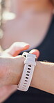 Fitness, hands and check time on smart watch outdoor for pace tracking, workout progress or results. Athlete, woman and stopwatch at park for performance metrics, monitor heart rate and running speed