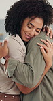 Home, dancing and couple with love, hug and happiness for celebration and anniversary. Apartment, commitment and man with woman for marriage, romance and support with relationship or embrace in house