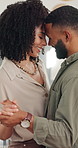Home, dance and couple with love, hug and happiness for celebration and anniversary. Apartment, commitment and man with woman for marriage, romance and support with relationship or embrace in house