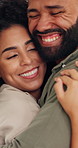 Home, laugh and couple with love, hug and happiness for celebration and anniversary. Apartment, excited and man with woman or smile with romance or embrace with relationship and joyful with peace