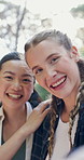 Hiking, friends and face of women with selfie for social media, travel memory or online post. Happy, smile and portrait of people in nature for trekking, adventure and explore for fitness or exercise