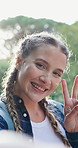 Hiking, selfie and face of woman with peace sign for social media, travel influencer and online post. Happy, emoji and portrait of person in nature for trekking, adventure and explore for wellness