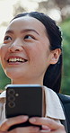Woman, hiking and phone for memory in nature, woods or natural forest in outdoor journey. Asian hiker, happy tourist or travel photographer on trekking adventure, sightseeing or explore scenery