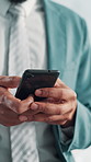 Business, hands and man in office, smartphone and research for economy, texting and connection. Closeup, accounting and person with cellphone, internet and digital app for chatting and social media