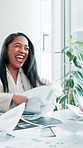 Business, woman and throwing documents in office for success, celebration and financial achievement. Person, applause and paperwork with good news, company goals and promotion of proposal negotiation
