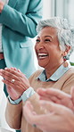 Mature, business woman and applause with audience at conference for celebration, success and achievement. Excited group, cheers and workers clapping hands for praise, support and well done in office