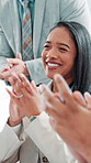 Smile, business woman and applause with audience at conference for celebration, success and achievement. Excited group, cheers and workers clapping hands for support, laugh and well done in office