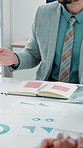 Notebook hands or businessman in meeting for financial discussion, project or graphs stats. Charts, finance manager or investor in boardroom for budget increase, sales performance or results review