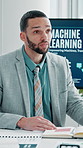 Businessman, screen and speaking of ai presentation for future innovation, meeting and machine learning. Speaker, ideas and pitch proposal to investor for capital funding or technology investment