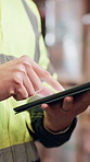 Hands, tablet and scroll at warehouse for supply chain, schedule and inventory management at plant. Person, digital touchscreen and application with typing, freight and distribution for logistics