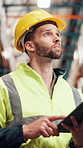 Man, tablet and shelf at warehouse for inspection, stock check and inventory management at plant. Person, digital touchscreen and app with low angle, distribution and logistics for supply chain job