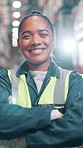 Arms crossed, face and laughing with woman in warehouse for distribution, shipping or supply chain. Industry, logistics and stock with funny postal worker in storage depot for freight or packaging