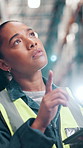 Woman, tablet and shelf at warehouse for counting, stock check and inventory management at plant. Person, digital touchscreen and app with inspection, low angle and logistics for supply chain job