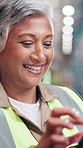 Checklist, smile and tablet with woman in warehouse for logistics, shipping or supply chain company. Industry, inventory and stock with mature person in storage depot for distribution or packaging
