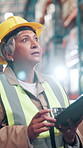 Checklist, inspection and tablet with woman in warehouse for logistics, shipping or supply chain company. Counting, inventory and stock with mature person in depot for distribution or packaging
