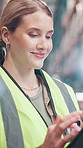 Checklist, smile and tablet with woman in warehouse for logistics, shipping or supply chain company. Industry, inventory and stock with happy person in storage depot for distribution or packaging