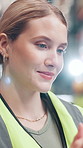 Woman, storage and tablet for shipment inspection in warehouse distribution of cargo for shipping. Factory delivery, face and logistics worker on touchscreen for checking courier inventory report