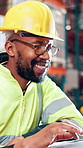 Laptop, logistics and smile with black man in warehouse for distribution or shipping schedule. Checklist, computer and typing with supply chain employee in storage depot for inspection or planning