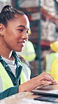 Laptop, logistics and search with woman in warehouse for distribution or shipping schedule. Checklist, computer and planning with supply chain employee in storage depot for inspection of inventory