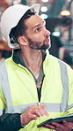 Checklist, tablet and walking with man in warehouse for logistics, shipping or supply chain company. Industry, inventory and stock with person in storage depot for commerce, distribution or packaging