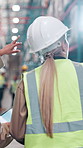 Businesswomen, back or storage with tablet at warehouse for logistics, distribution or inspection. Female people, contractor or employees on technology for quality assurance or stock control at depot