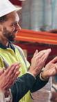 Happy, business people and hands together with applause in logistics at warehouse for supply chain success. Group, contractor or employees clapping with smile for team motivation or winning at depot