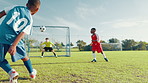 Teamwork, soccer and goal with kids on field for penalty kick, sports athlete and fitness. Tournament game, shooting and winner with football player on outdoor pitch for club, target and challenge