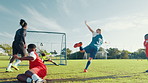 Coach, soccer and shooting with kids on field for penalty kick, sports athlete and fitness. Tournament game, goal and winner with football player on outdoor pitch for club, target and challenge