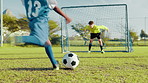 Child, kick and ball in net for soccer practice of team training, exercise and sports competition. Kids, goalkeeping and workout for scoring goal, match tournament and learning skills for challenge