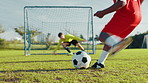 Child, kick and ball for sports goal with team training, exercise and soccer competition. Kids, goalkeeping and workout for scoring target, match tournament and learning skills with rival challenge