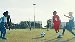Goal, soccer and winner with kids on field for training, sports athlete and fitness. Tournament game, contest and success with football player on outdoor pitch for club, target and challenge
