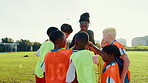 Soccer field, huddle and coach with children for celebration, motivation and support for sports game. Applause, trainer and kids with hands stack for achievement, football goal and confidence boost