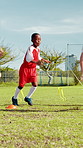 Active, kids and running for soccer practice, dribble training and fitness exercise. Children, teamwork and drill for sports workout, skills technique and learning agility for game challenge on field