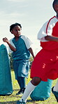 Soccer, practice and drill with children on field for athlete training, learning and sports equipment. Game, challenge and football player with kids on outdoor pitch for dribble weave and progress