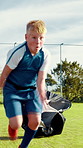 Soccer, resistance and parachute with kids on field for speed training, running and sports athlete. Fitness, competition and sprinting drills with children on outdoor pitch as football player
