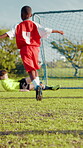 Success, soccer and goal with kids on field for target training, game tournament and score. Competition, football match and winner with children on outdoor pitch for victory, club and shooting