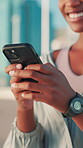 Hands, woman and smartphone in city for fitness blog, social media news or tracking runner time on mobile app. Typing, message or funny comment on exercise post, update or notification in urban town