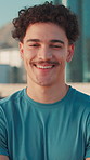 Man, smile and arms crossed for exercise in city with face for training, start and confident in summer. Person, runner and happy in portrait for workout, fitness or ready for road marathon in Mexico