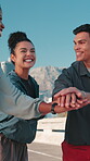 Huddle, fitness and friends in city for exercise, marathon training and cardio workout. Sports, happy and men with women for support, teamwork and goals for running, endurance and challenge in town