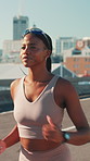 Black woman, running or fitness in city street for exercise, cardio workout or outdoor training. Active, female person or runner in race or sprint for challenge, health or wellness on road in town