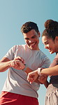High five, watch and people in city for exercise, marathon training and tracking cardio workout. Sports, health and happy man with woman celebrate for fitness goals, endurance and challenge in town
