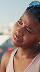 Black woman, breathing and tired with fitness in city, burnout and intense workout with sweating outdoor. Health, wellness and female runner stretching for recovery, break and endurance training