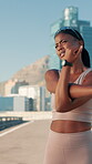 Woman, stretching and tired with fitness in city, burnout and intense workout pain with sweating outdoor. Health, wellness and female runner breathing for recovery, break and endurance training
