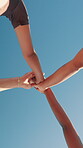 Hands, link and people below sky for applause, solidarity and team building with mission, community and trust. Support, partnership and group for clapping, space or connection and huddle outdoor